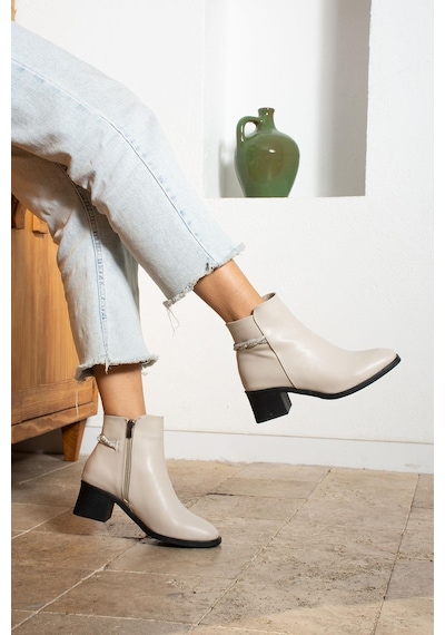 Shoetek Jalinya Kadın Bot&bootie Kalın Topuklu Arka Taşlı Bantlı Bej Deri Bej Cilt Bej