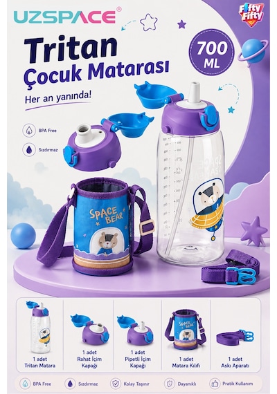 700 Ml Büyük Boy Kılıflı 2 Ayrı Kapaklı Pipetli / Pipetsiz Tritan Su Matarası Mavi - Mor