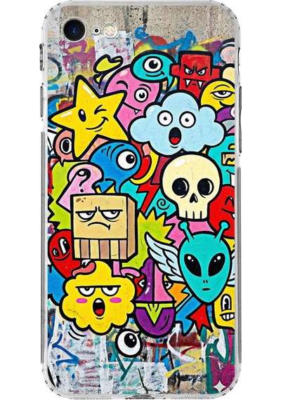 Apple Uyumlu iPhone 7 İle Grafiti Doodle Tasarımlı Şeffaf Silikon Kılıf Şeffaf