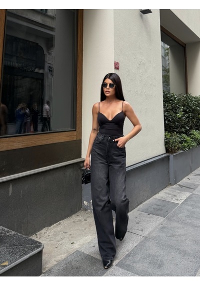 Out Of Standart Kadın Extra Wide Leg Yüksek Bel Geniş Paça Jean Pantolon Siyah