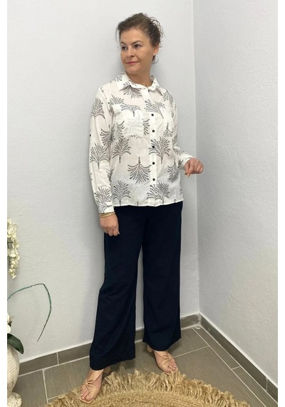 Mia Butik Kadın Siyah Yaprak Desenli Keten Takım