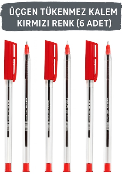 1.0 Mm Üçgen Gövdeli Tükenmez Kalem Seti Mavi, Siyah, Kırmızı 6'lı Paket Kırmızı