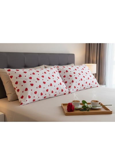 Taç Sevgililer Günü Yastık Kılıfı Seti. 2 Adet 50x70 Cm. %100 Pamuk Beyaz - Kırmızı