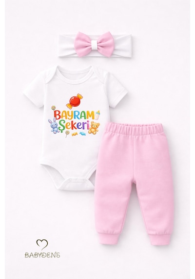 Babyden's Kız Bebek Bayramlık 3'lü Takım Bayram Şekeri Baskılı Body Pantolon Fiyonk Saç Bandı Kombini Pembe