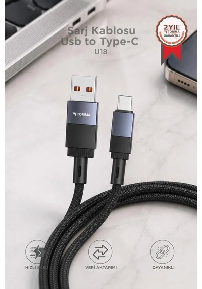 Taşıt Aparatı Teknik Parça Masaüstü Araç Şarj Kablosu Usb To Type-c Data Kablo U18 Siyah