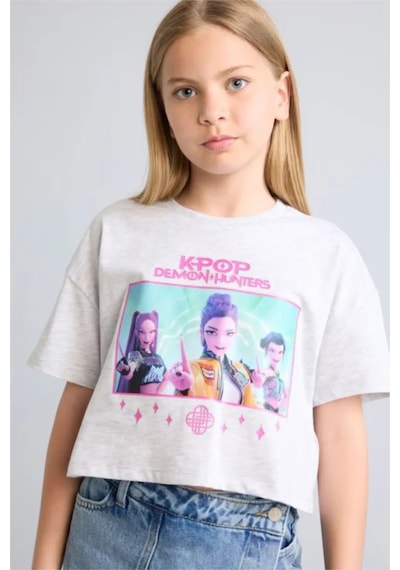 Defacto Kpop - Demon Hunters Cropped Fıt Bisiklet Yaka Kısa Kollu Tişört Kız Çocuk H9478a826hsgr421 Gri-gr421