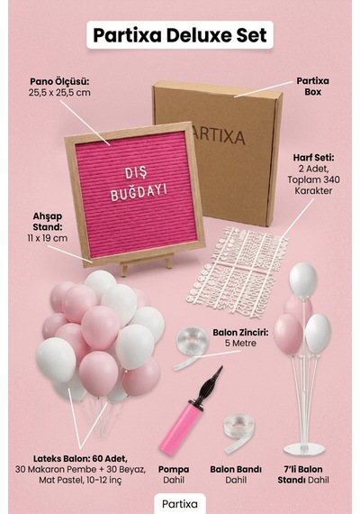 Diş Buğdayı Süsleme Deluxe Set Kız Pembe Keçe Yazı Panosu Standlı Pompa Balon Zincirli 7 Li Balon Standlı Çocuk