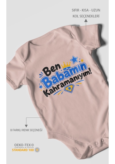 Morivokids Ben Babamın Kahramanıyım Kısa Kollu Bebek Body %100 Pamuk Pastel Pembe