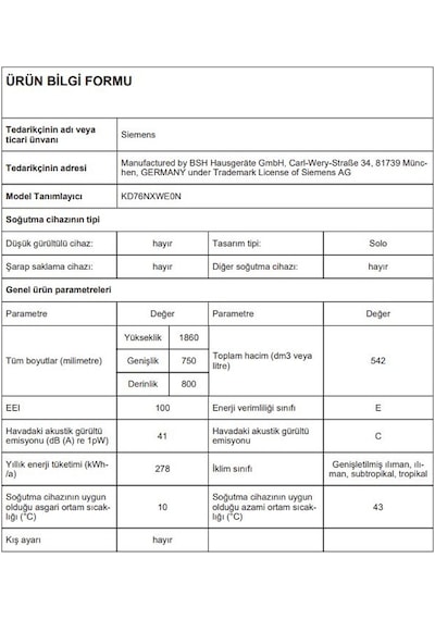 Siemens KD76NXWE0N 542 L iQ300 Üstten Donduruculu Buzdolabı