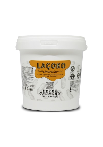 Laçoko Kova Şekersiz Katkısız Glutensiz Vegan Doğal Çifte Kavrulmuş Parçacıklı Extra Crunchy Yer Fıstığı Ezmesi 1 KG