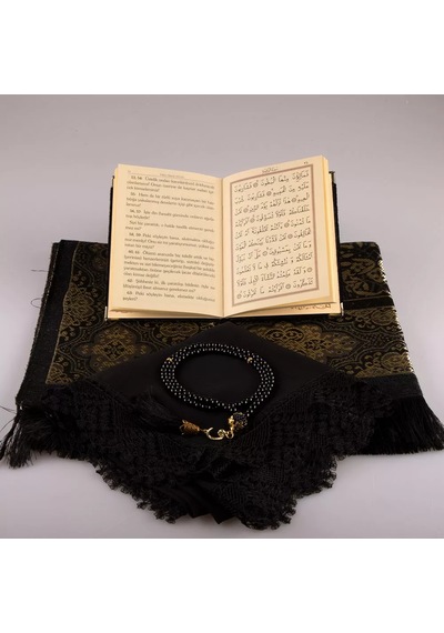 Şal + Seccade + Tesbih + Yasin Hediye Seti Çanta Boy, Elifvav, Raşel Cilt, Siyah