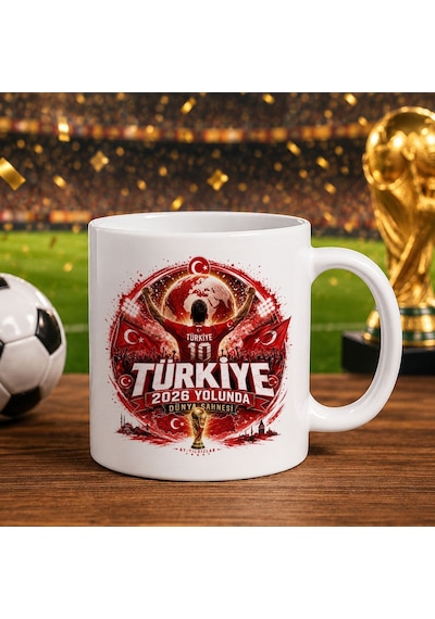 Bk Gift Türkiye Taraftar Temalı Dünya Futbol Kupası Tasarımlı Beyaz Kupa Bardak-6 Tek Yürek Milli Takım Ruhu