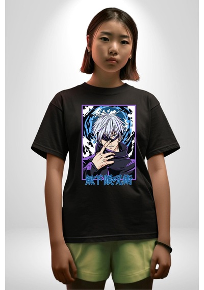 Jujutsu Vintage Washed - Megumi Gojo Anime Manga Pamuklu Bisiklet Yaka Unisex Oversize Boyfriend Dijital Baskılı Siyah T-shirt Siyah