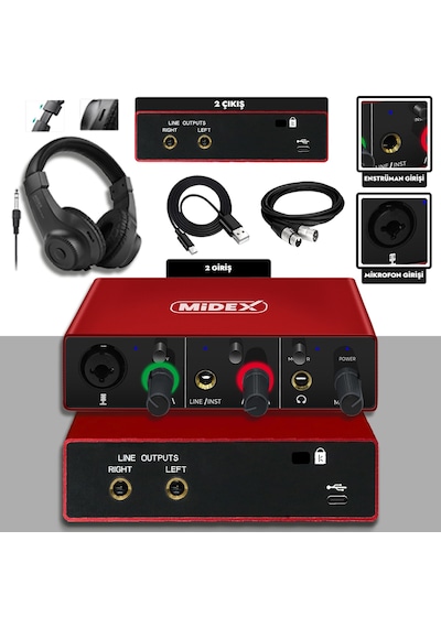 Midex GLX-500 PRO-HD 2 Giriş 2 Çıkış USB Stüdyo Ses Kartı Kulaklı