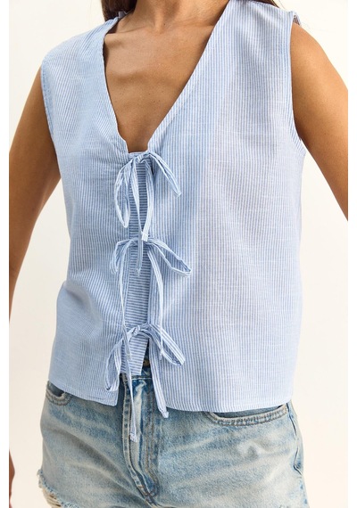 Shade Kadın %100 Pamuk Kalın Askılı Önden Bağlama Detaylı Çizgili Peplum Bluz 60282045 - Beyaz-mavi Çok Renkli