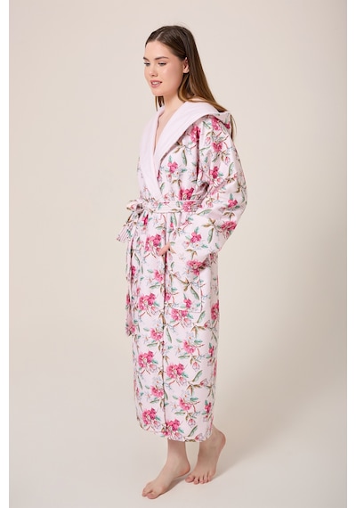Peonia Fiore Desenli Dijital Baskılı Kapüşonlu Bornoz Pembe