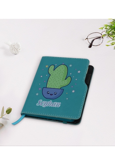 Kişiye Özel Kaktüs Tasarımlı Turkuaz Termo Deri Defter-4 Turkuaz
