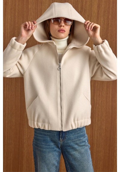 Olcay Kapüşonlu Beli Lastikli Oversize Kısa Kaban Ekru 3162