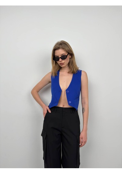 Vuvutasarım Yeni Sezon Düğme Detaylı Crop Kadın Saks Yelek 23s12005 Saks Mavi