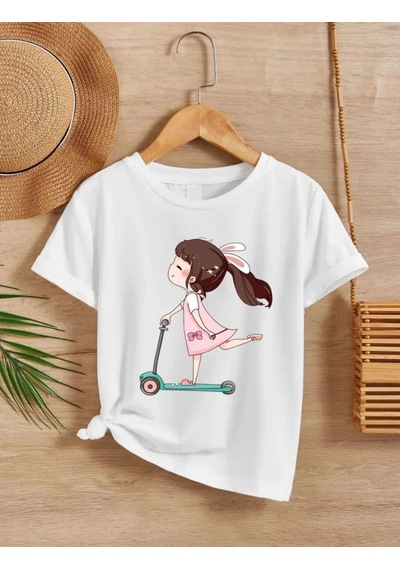 Kız Çocuk Bisiklet Yaka Baskılı T-shirt - Beyaz Çok Renkli
