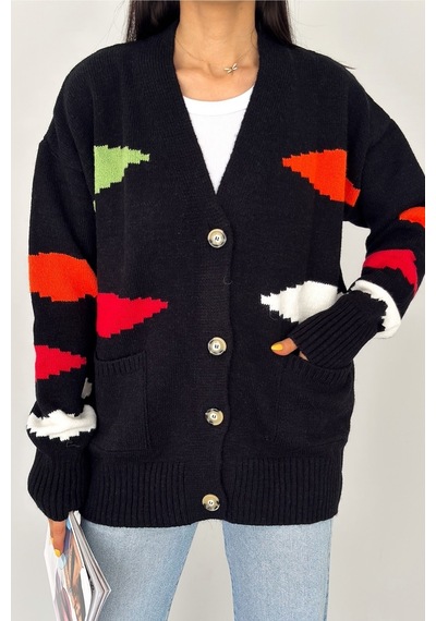 Femelle Kadın Siyah Yeni Sezon Çift Cep Renk Detaylı Standart Beden Oversize Triko Hırka