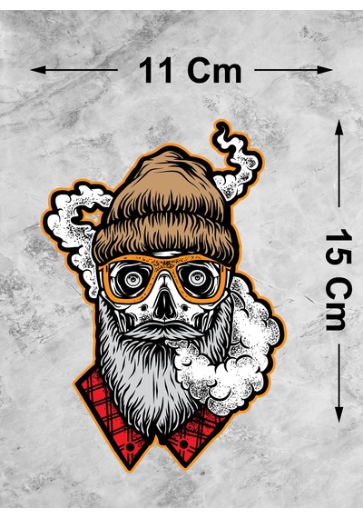 Gözlüklü Pipo Içen Kurukafa Sticker - Dede Kuru Kafa Oto Motosiklet Araba Sticker - 00160 15x11 Cm