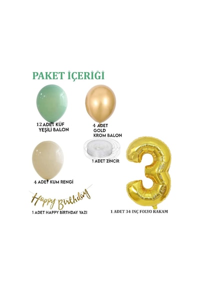 3 Yaş Küf Yeşili Deniz Kumu Ve Krom Gold Balonlu Konsept Doğum Günü Seti