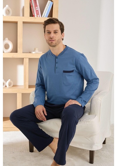 Pijamoni Erkek %100 Pamuk Penye Mevsimlik Uzun Kollu Pijama Takımı 6842 Mavi
