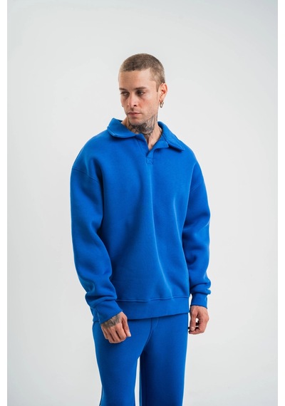 Ertaştrendstore Erkek Açık Yakalı Oversize 3 İplik Pamuklu Sweatshirt - Mavii Çok Renk