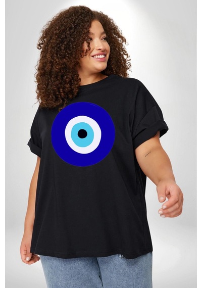 Angemiel Nazar Boncuğu Siyah Büyük Beden Erkek Kadın Unisex Basic Ön Baskılı Tişört Siyah