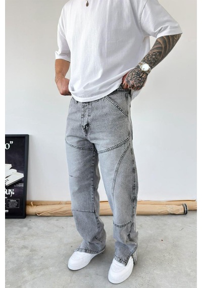 Gri Tasarım Paça Fermuar Detay Baggy Pantolon