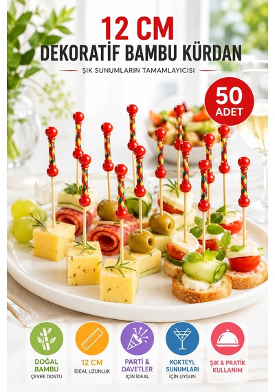 50 Adet Dekoratif Kırmızı Örgülü Bambu Kürdan 12 Cm Kokteyl Parti Kanepe Sunum Çubuğu Seti Paket
