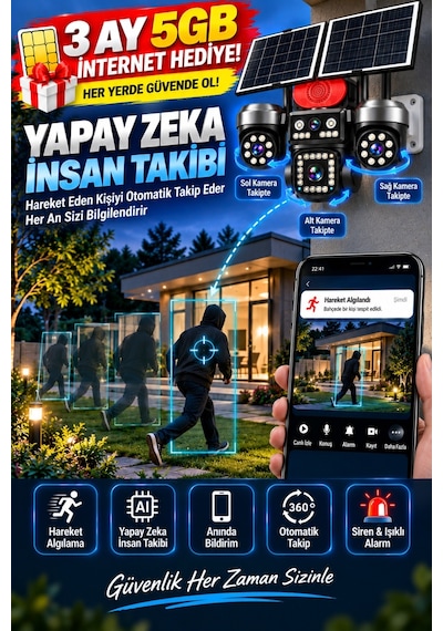 4g Solar Güvenlik Kamerası 4 Kameralı 3 Ptz Çift Solar Panel İnsan Takip Gece Görüş Siren Ip66