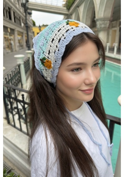 Kadın Yazlık Örgü Bandana Mavi Retro Çiçek İşlemeli Saç Aksesuarı Açık Mavi