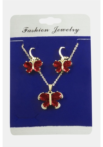 Kelebek - 840 - Zirkon Taşlı Set - Nazblsmm - Kolye Kırmızı