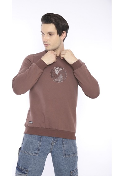 Escetic Erkek Spor Slimfit, Bisiklet Yaka Kahve Sweatshirt-4262 Kahverengi