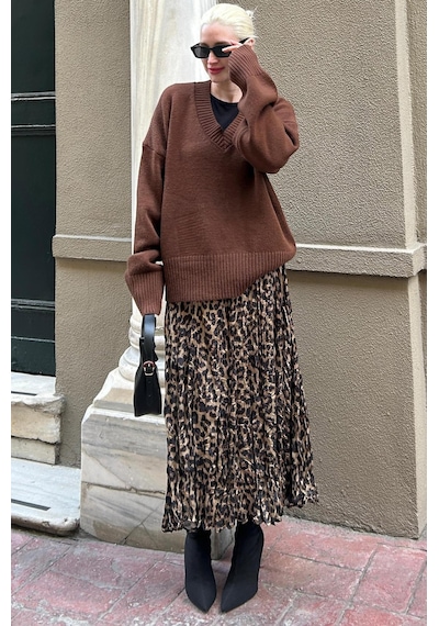Madmext Kahverengi V Yaka Oversize Kadın Triko Kazak Mg2149 Kahverengi