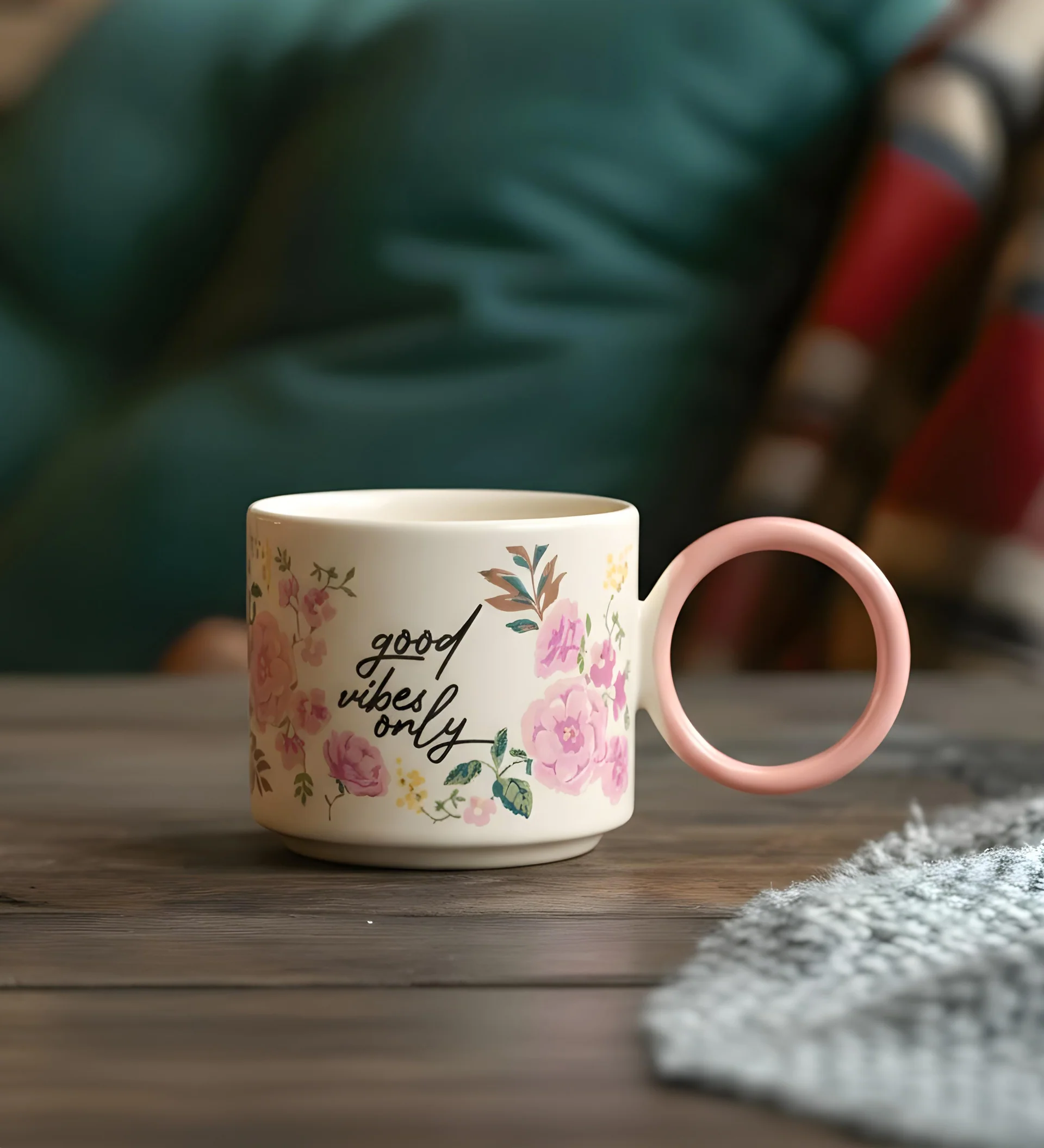 2'li Halka Kulplu Porselen Fincan Özel Tasarımlı Keramika Fincan Açık Pembe
