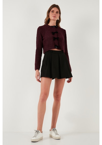 Lela Regular Fit Bisiklet Yaka Kurdele Detaylı Premium Bayan Hırka 680Hi00105 Bordo