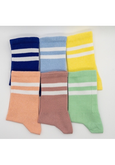 Socks 6 Çift Kadın Soft Renkler Tenis Çorabı Lacivert Pembe Somon Sarı Yeşil Mavi