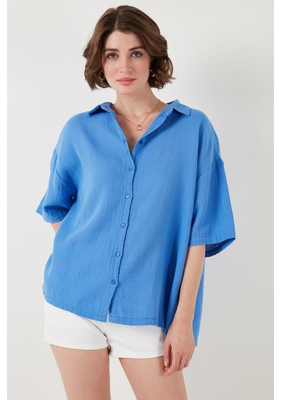 Lela Pamuklu Regular Fit Yırtmaçlı Kısa Kollu Bayan Gömlek Cf25S166965 Saks