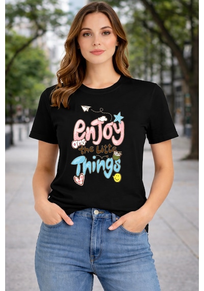 Herkesemoda Enjoy Things Yazı Detaylı Basic T-shirt Siyah