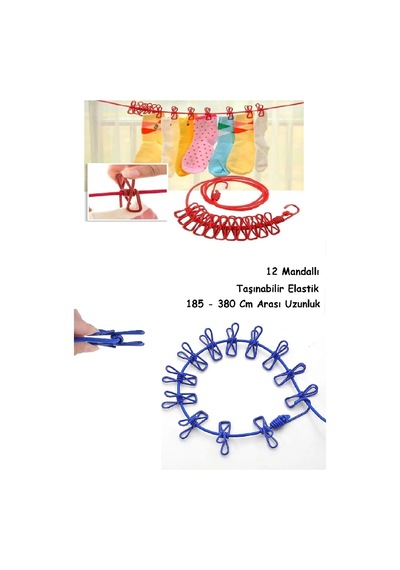 12 Mandallı Taşınabilir Elastik Çamaşır İpi 185-380 Cm Uzayan En Pratik Çamaşır Asma İpi Mavi 25+ Diğer