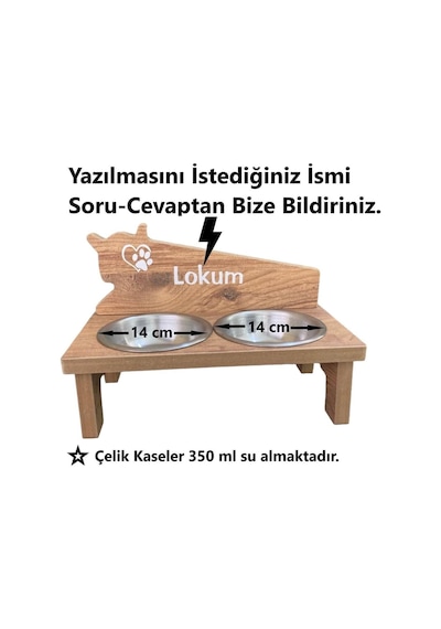 Özel İsim Baskılı, Ahşap, Çelik Kaseli Kedi- Küçük Irk Köpek Mama Ve Su Kabı Stantı
