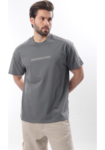 Madmext Füme Bisiklet Yaka Baskılı Erkek T-shirt E7110 Füme