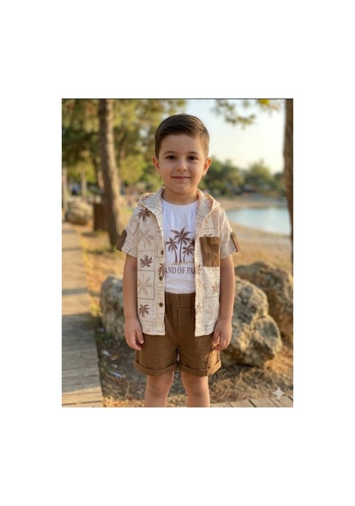 Süslü Kids Erkek Bebek Müslin Kumaş 3lü Şort/tişört/kapşonlu Gömlek Takım Kahverengi