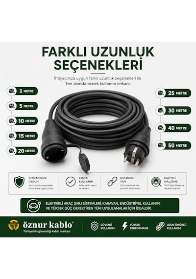 Elektrikli Araç Şarj Uzatma Kablosu,%100 Bakır 3x4 Mm², Topraklı Ev Şarj Ve Güç Uzatma Kablosu, Kalın Kesit Profesyonel Kullanım 10 Metre 0.1 M