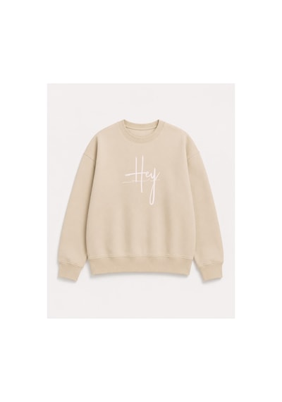 Herkesemoda Hey Yazı Baskı Detaylı Şardonlu 2 İplik Bisiklet Yaka Sweatshirt Bej
