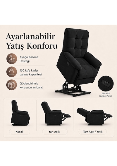 Smarto Relax Porto Liftli Çift Motorlu Elektrikli Ayağa Kalkma Destekli Polyester Hasta Ve Baba Tv Koltuğu Siyah
