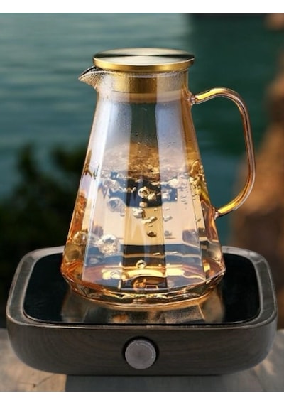 Morponi Borosilikat Cam Metal Kapaklı Lüks Elmas Sürahi 1900 Ml Gold